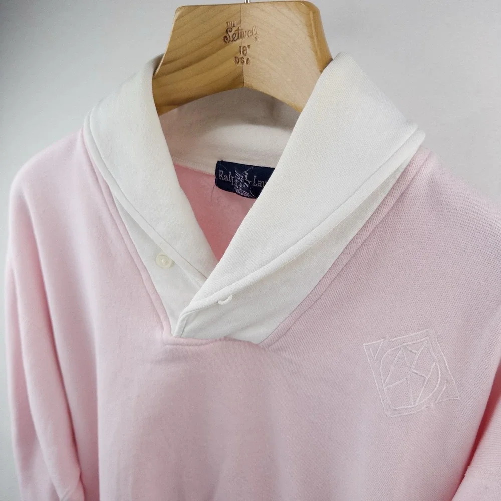 90s Ralph Lauren Womens Small Pink White Shawl Collar Fleece Pullover Sweatshirt